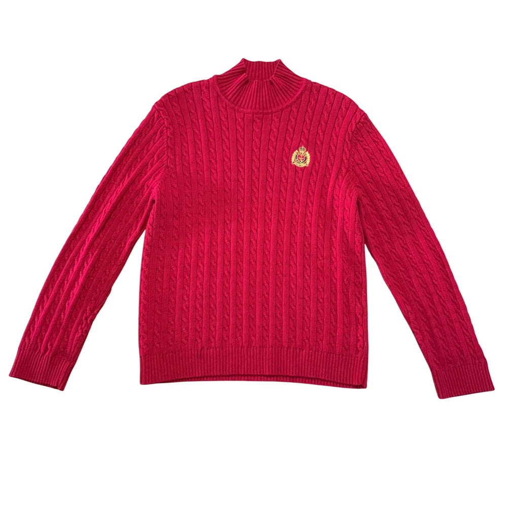 VTG Lauren Ralph Lauren Red Cable Knit Mock Neck Crest Sweater Womens XL  Preppy